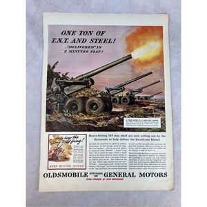 Vintage 1945 OLDSMOBILE 155 MM WWII Long Tom Artillery Gun Print AD